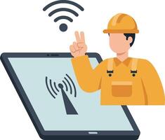 Construction Worker Using Tablet with Wireless Signal Icon Technology Concept vector