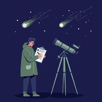 Man Observing Meteor Shower with Telescope and Recording Data at Night Illustration vector