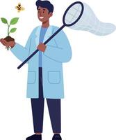 Scientist holding seedling and butterfly with net in hand illustration vector