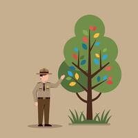 Park ranger standing beside colorful leaf tree in autumn illustration vector