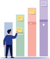 Businessman analyzing colorful vertical bar chart with sticky notes in flat design illustration vector