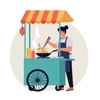 Street food vendor cooking noodles at mobile food cart with colorful canopy illustration vector