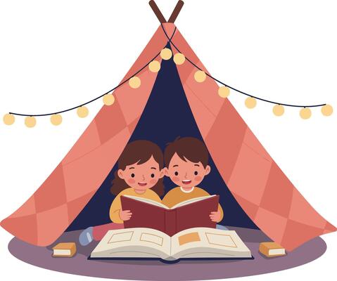 Two children reading books inside cozy tent with hanging lights flat design illustration