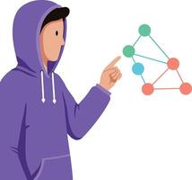 Young person in purple hoodie pointing at colorful connected dots network flat design illustration vector