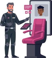 Male astronaut in black spacesuit interacting with futuristic digital chair and holographic interface flat art vector