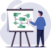 Man presenting flowchart on whiteboard in flat design style illustration vector
