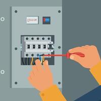 Electrician fixing electrical panel with screwdriver in technical maintenance illustration vector
