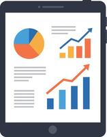 Digital tablet displaying colorful business charts and graphs in flat design style illustration vector