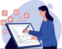 Female architect designing building plans on digital tablet with icons in flat style illustration vector
