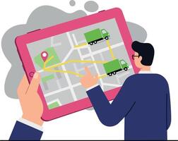 Man using digital tablet with delivery trucks tracking on map flat design illustration vector