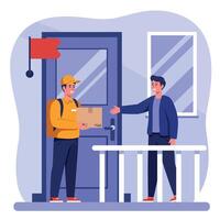 Delivery person handing package to customer at home door in friendly service scene vector