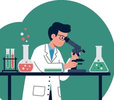 Scientist working with microscope and laboratory glassware in science lab illustration vector