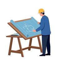 Architect reviewing building blueprint on wooden drafting table illustration vector