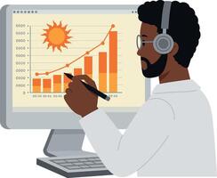 African American man analyzing rising sun energy data on computer screen in flat illustration vector