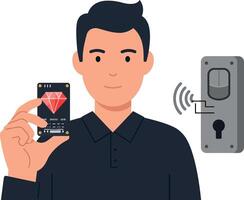 Man holding digital key card near smart lock minimal flat illustration vector