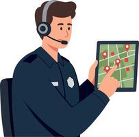 Male police officer in uniform using headset with digital map on tablet flat design illustration vector