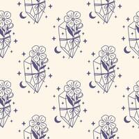 Mystical seamless pattern with floral crystal, moon. Boho celestial digital paper. Hand drawn magical illustration. Esoteric print for fabric, digital paper, wrapping. vector