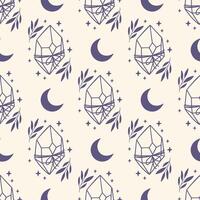 Mystical seamless pattern with celestial crystal, moon. Boho spiritual digital paper. Hand drawn magical illustration. Esoteric print for fabric, digital paper, wrapping vector