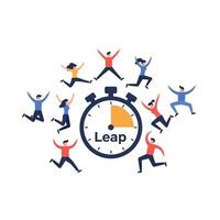 People jumping around stopwatch with leap text concept for time management and motivation illustration vector