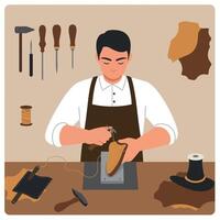 Shoemaker crafting leather shoes with tools and apron in workshop illustration vector
