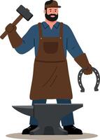 Blacksmith holding hammer and horseshoe near anvil in workshop illustration vector