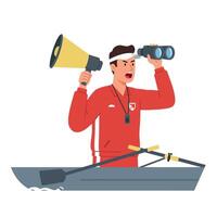 Lifeguard in red jacket with megaphone and binoculars on boat illustration vector