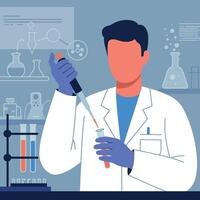 Scientist conducting laboratory experiment with pipette and test tubes in blue gloves illustration vector