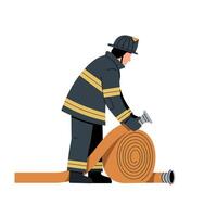 Firefighter rolling out fire hose in protective uniform and helmet illustration vector