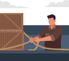 Man pulling rope tied to wooden crate on dock illustration in flat style vector