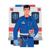 Paramedic holding defibrillator and heart monitor in front of ambulance emergency medical vector