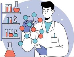 Scientist analyzing molecular structure with colorful chemical flasks in laboratory illustration vector