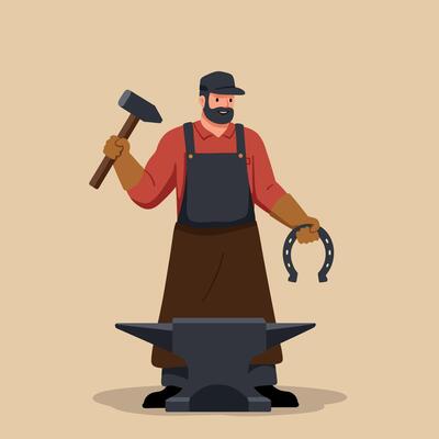 Blacksmith holding hammer and horseshoe working at anvil illustration