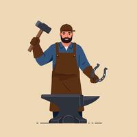 Blacksmith holding hammer and horseshoe working at anvil in workshop illustration vector