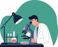 Scientist examining samples under microscope in laboratory with test tubes and lamp illustration vector
