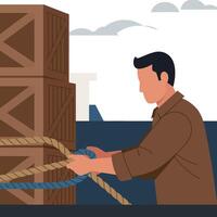 Man tying ropes on wooden crates at dockside port with ship in background illustration vector