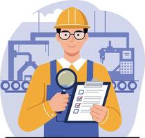 Industrial worker inspecting checklist with magnifying glass in factory environment illustration vector