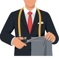 Tailor cutting cloth with scissors and measuring tape in black suit and red tie illustration vector