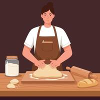 Woman kneading dough with rolling pin and bread on wooden table flat design illustration vector
