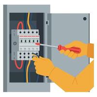 Electrician working on electrical panel with screwdriver and wires illustration vector