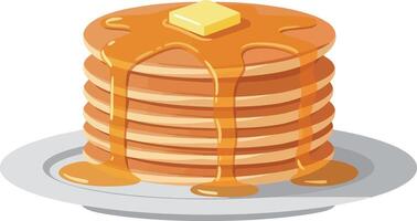 Stack of golden pancakes with melting butter and dripping syrup on white plate flat design illustration vector