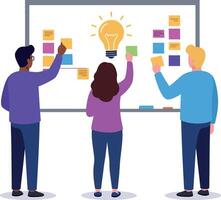 Diverse team brainstorming with sticky notes on whiteboard flat design collaborative creative illustration vector
