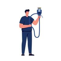 Man holding large ethernet cable plug technology and communication concept illustration vector