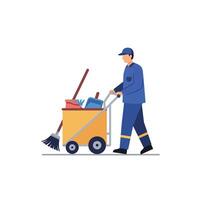 Janitor pushing cleaning cart with tools in uniform and cap illustration vector