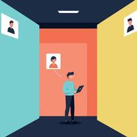 Man using laptop in colorful room with floating profile icons flat digital illustration vector