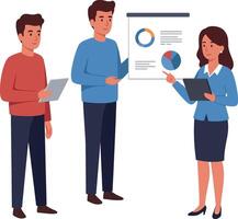 Business professionals discussing charts and data in flat style illustration with teamwork and presentation mood art vector