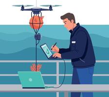 Man operating underwater drone with coral samples on tablet in flat digital technology art vector