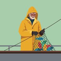 Fisherman in yellow raincoat holding net with colorful fish on boat illustration vector