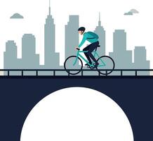 Man riding bicycle on city bridge with skyline background flat design illustration vector