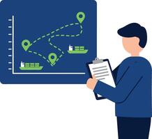 Man analyzing shipping routes on digital screen with clipboard in hand flat style illustration vector