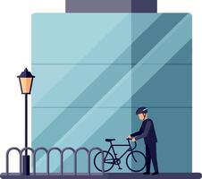 A cyclist in a helmet parking a bicycle near a modern building in flat art vector
